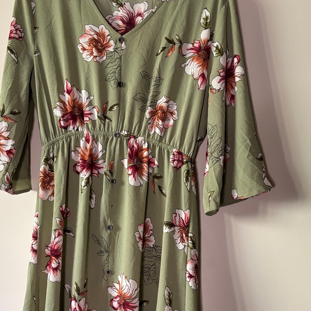 Floral Green Dress with Pink and White Flowers